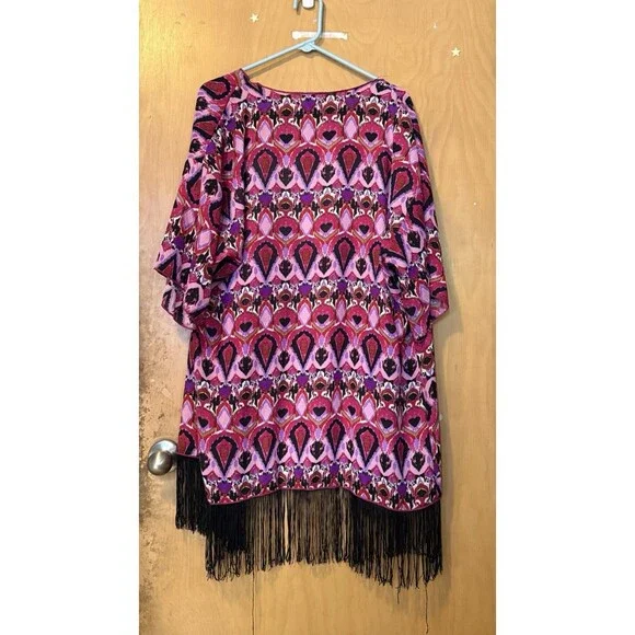 LuLaRoe Pink Purple White Red Black Monroe Swim Kimono Black Fringe EUC Large - Picture 2 of 5